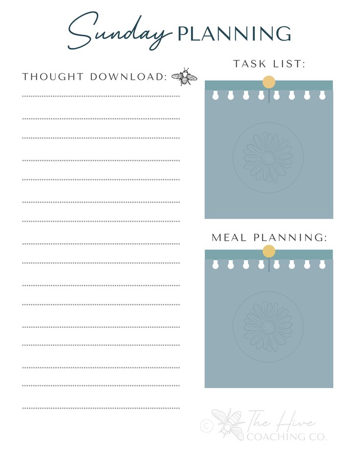 Sunday Planning worksheet with a thought download, task list, and meal planning