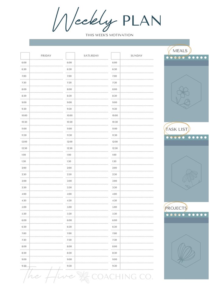 Weekly Plan worksheet for Friday through Sunday with meals, task list, and projects