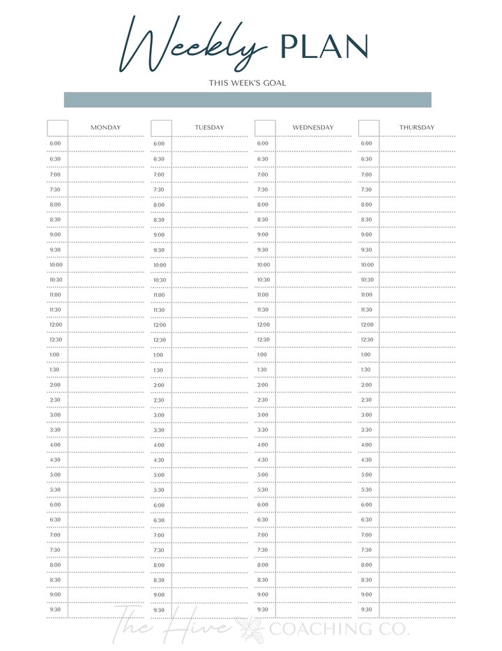 Weekly Plan worksheet for Monday through Thursday with half-hour time slots